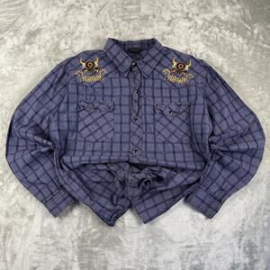 Vintage Western Golden Bull Skull Embroidery Plaid Pearl Snap Shirt Size 40